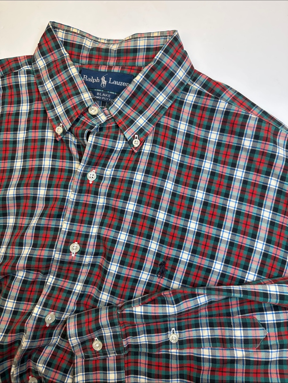 Ralph Lauren Blake Long Sleeve Shirt, Cotton, Red Green White Plaid Button Up L